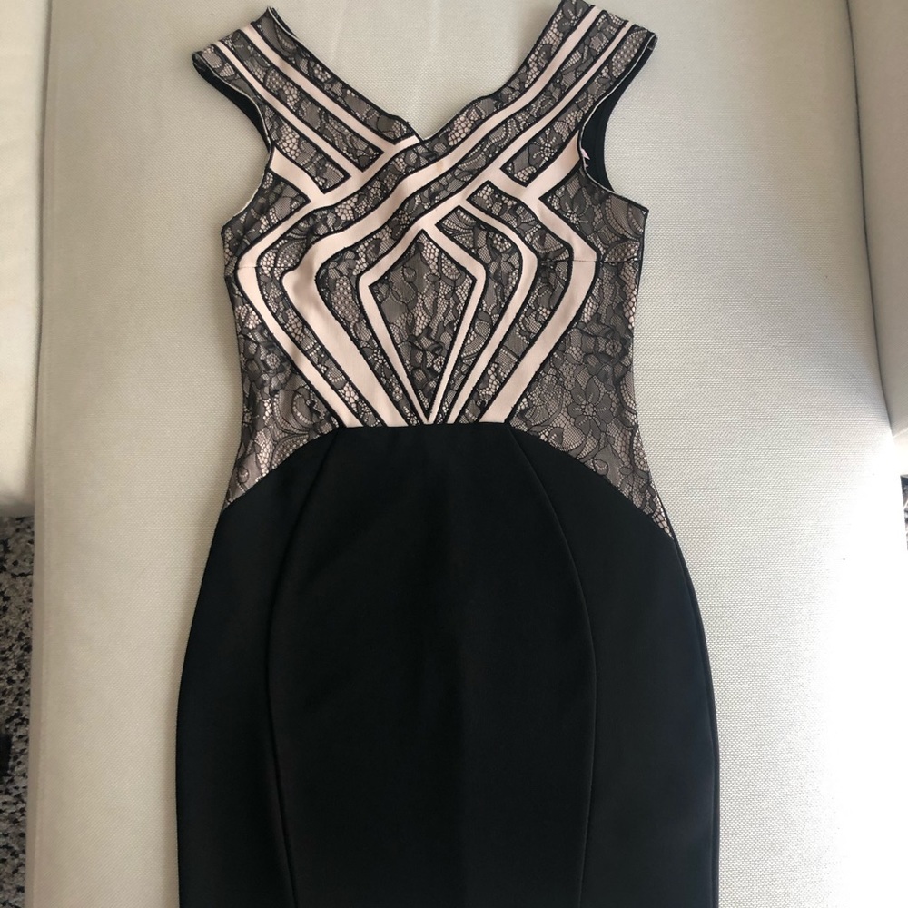 Nude and black lace mini dress